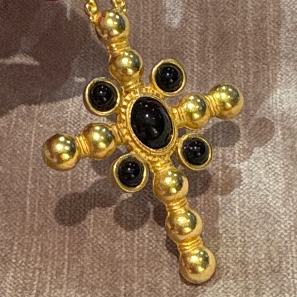 Vintage Catherine Stein 24 kt Gold Plated Black Cabochon Cross Pendant 2 1/2”